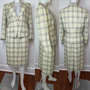 Vintage 70s Celine Designer Suit Set Blazer Skirt Silk Plaid US 10 EU 42  (READ)